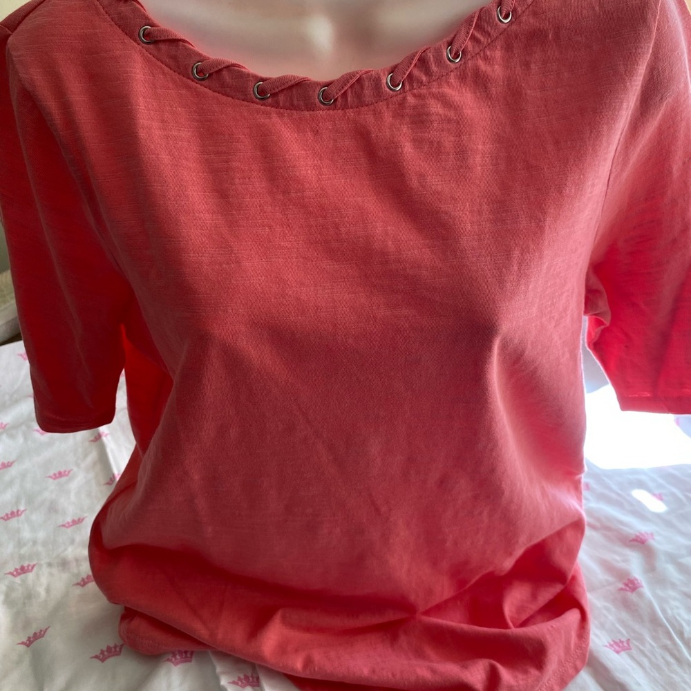 Chico's Coral Short Sleeve Top with Grommet Detail
